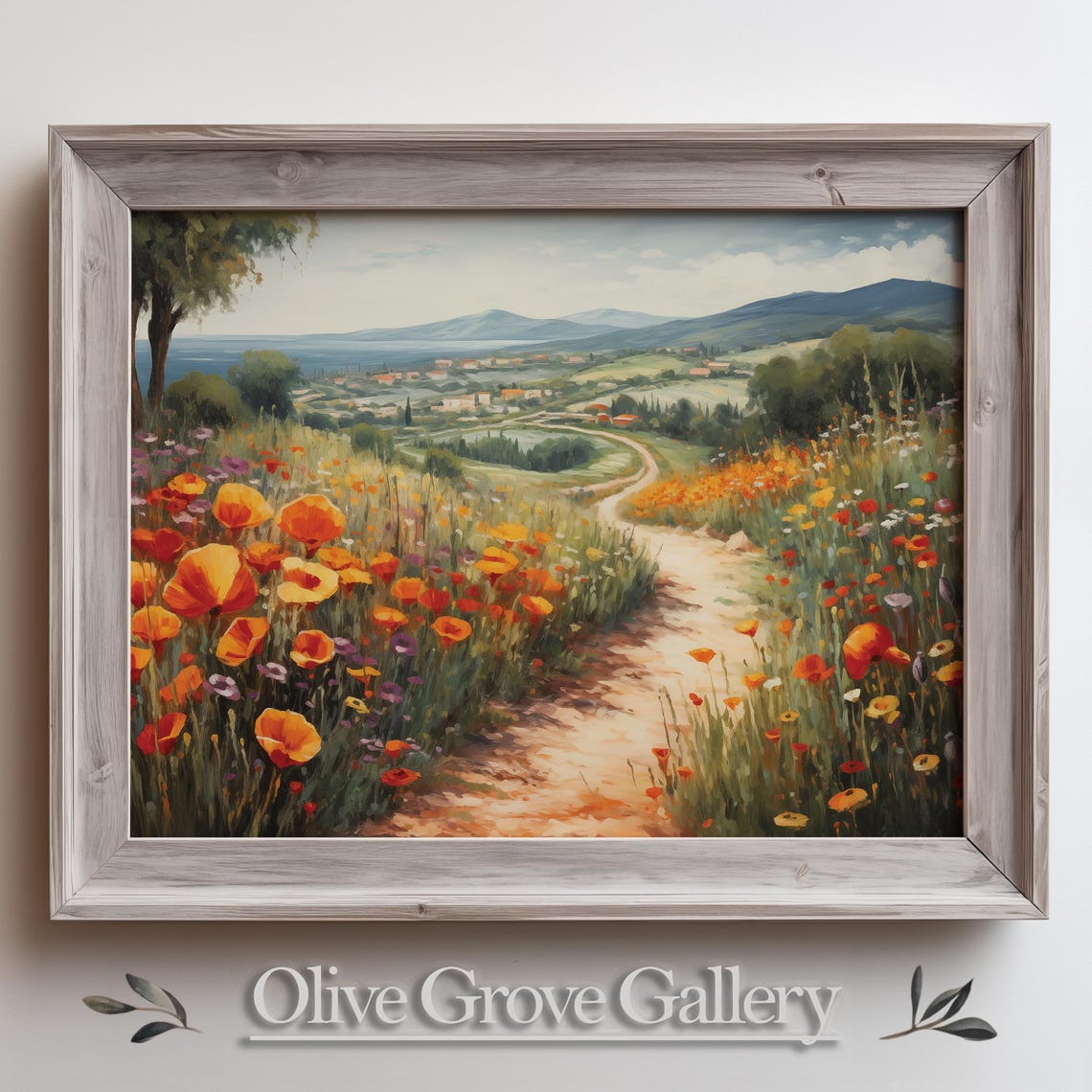 Sunlit Poppy Path Italian Hillside Coastal Landscape Art Poster