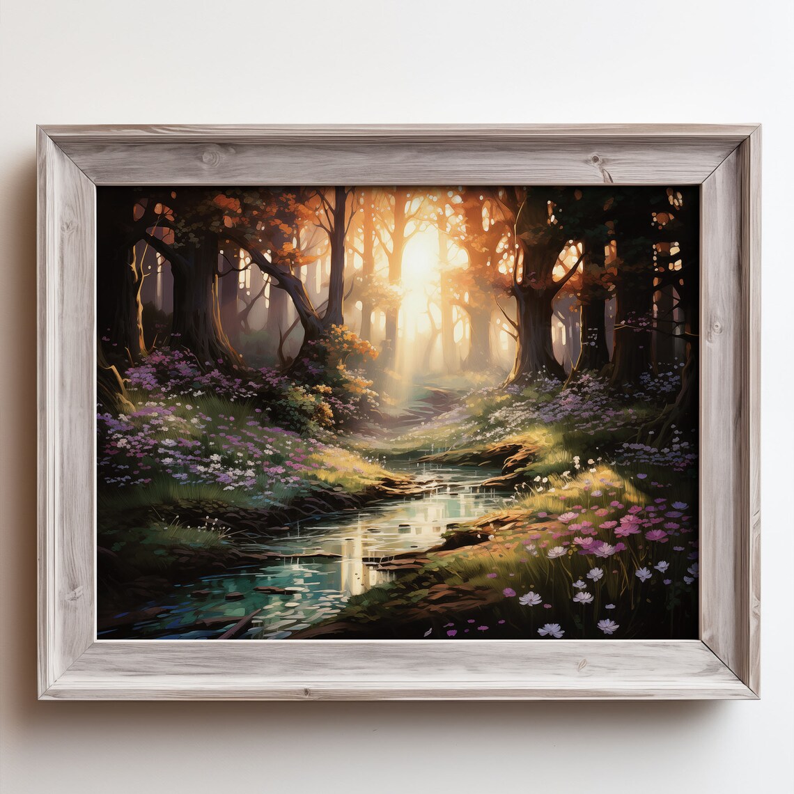 Sunrise Forest Stream Enchanted Woodland Oil Painting Poster