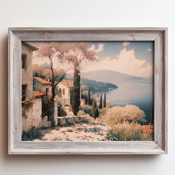 Cypress Trees on Hillside Houses Above Calm Sea Oil Painting Poster