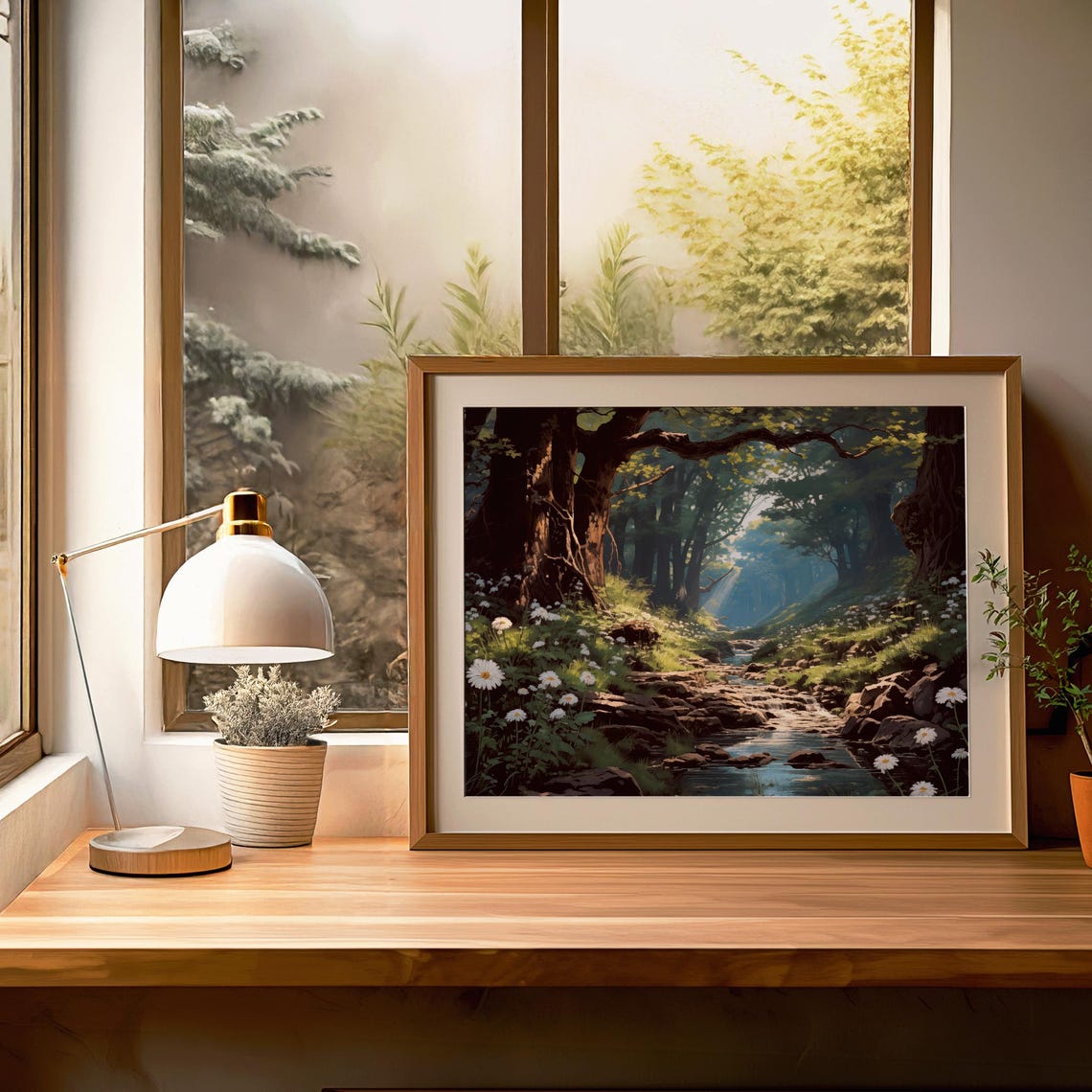 Serene Sunlit Forest Stream Woodland Daisy Meadow Painting Poster - Image 3