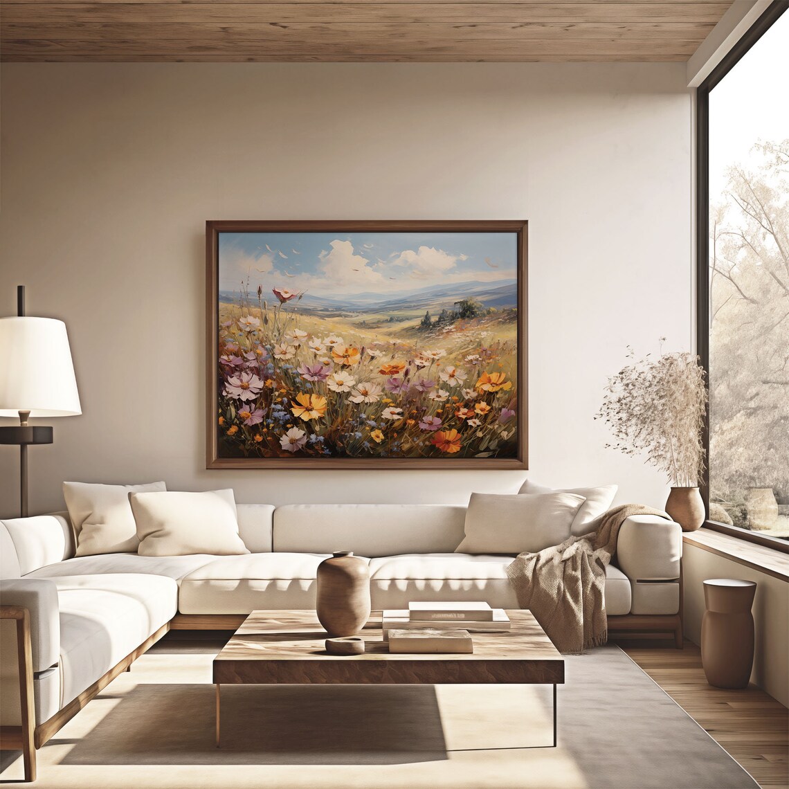 Wildflower Meadow Flying Birds Blue Sky Rolling Hills Oil Painting Poster - Image 4