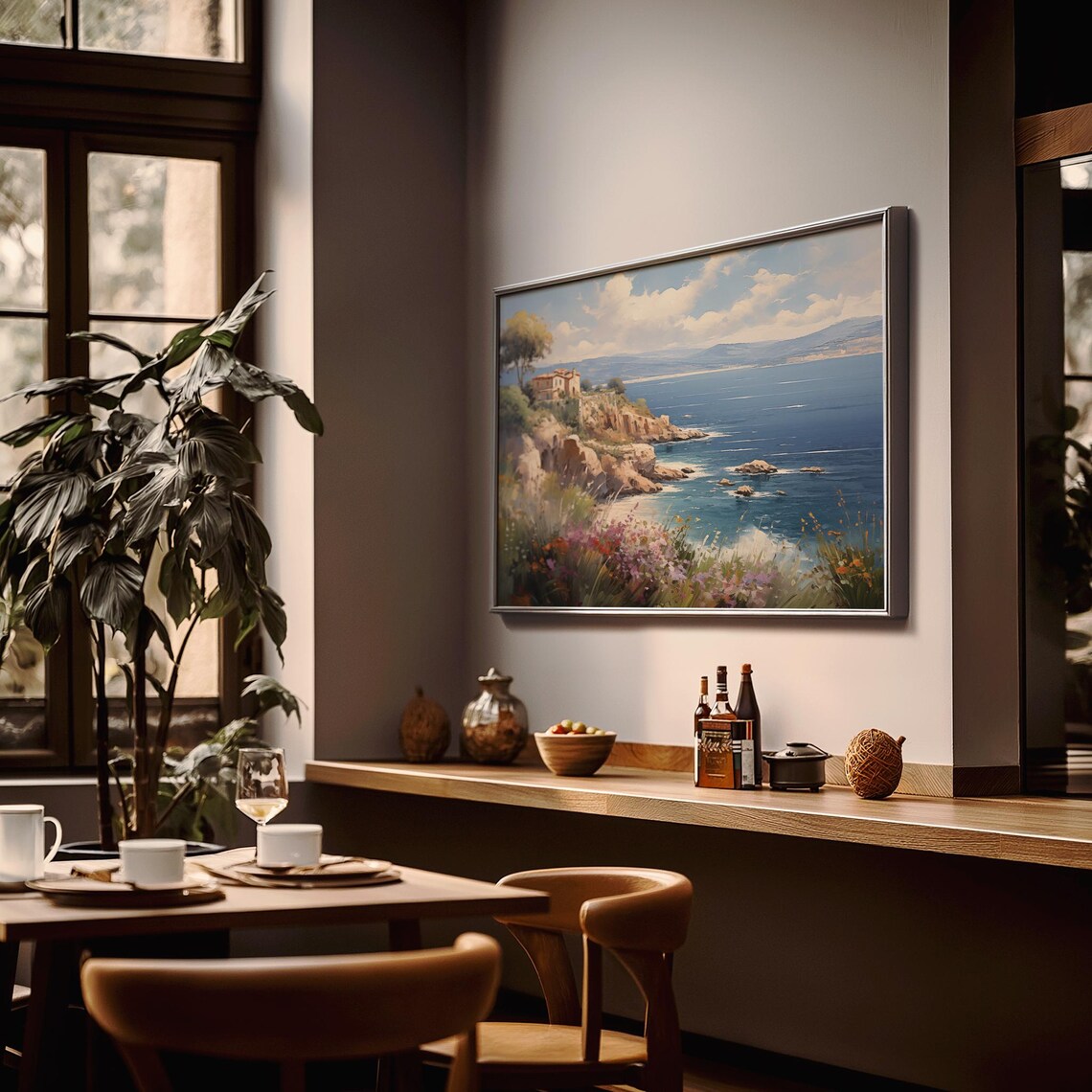 Clifftop Villa with Wildflowers Over Blue Sea Oil Painting Poster - Image 2