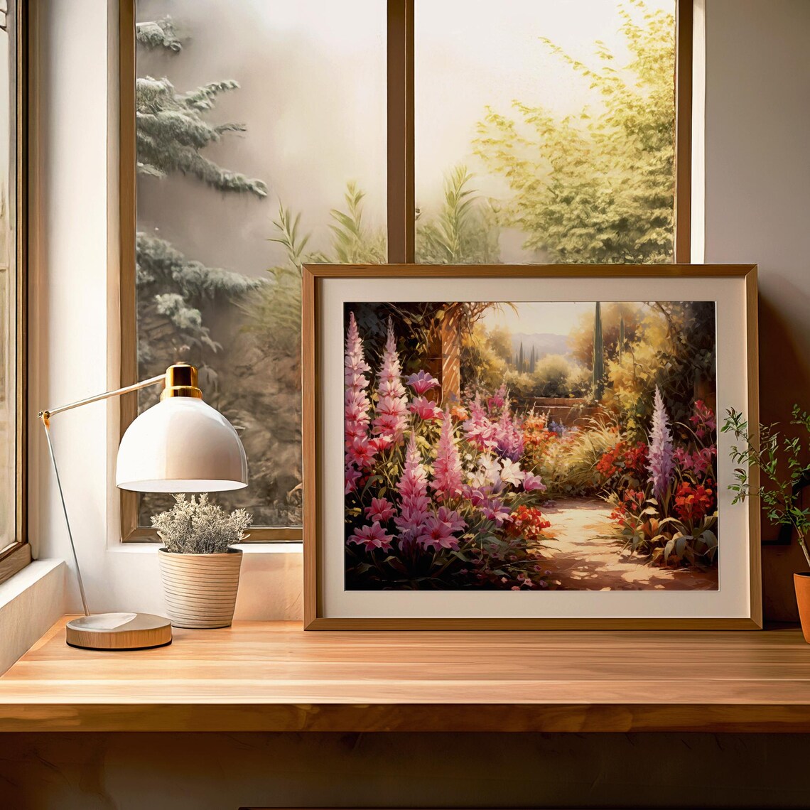 Sunlit Garden Path Tall Pink Flowers Blooming Floral Art Poster - Image 3