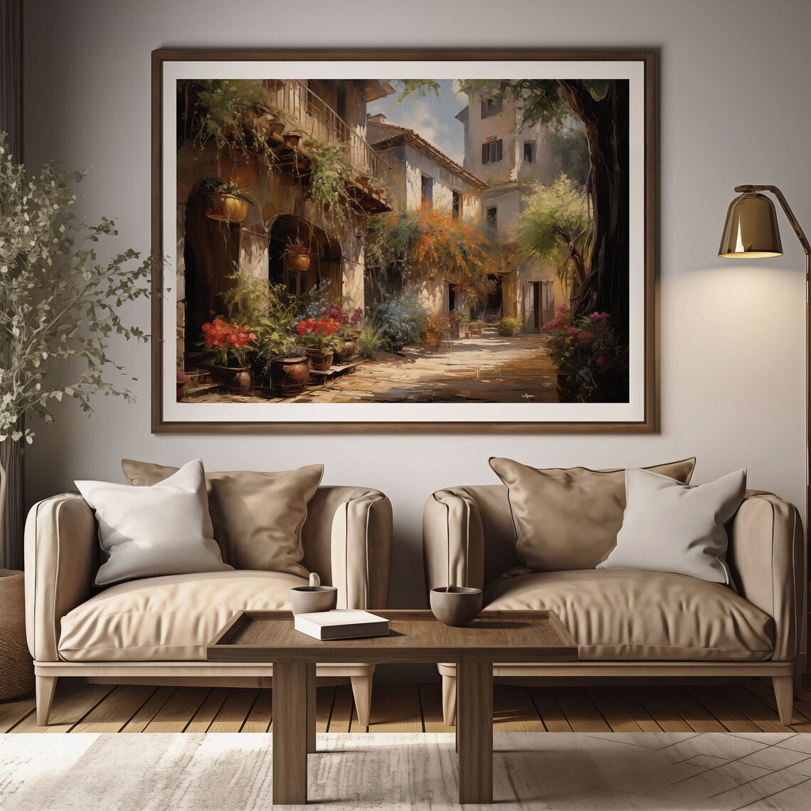 Old Italian Village Alley Flower Pots Sunlit Street Oil Painting Poster - Image 2