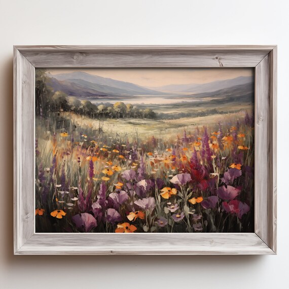 Wildflower Meadow In Purple And Gold With Mountains Beyond Poster