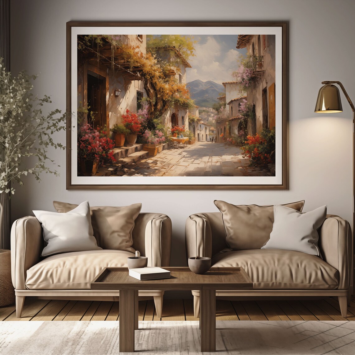Mediterranean Street With Flowering Bougainvillea Mountains Poster - Image 2