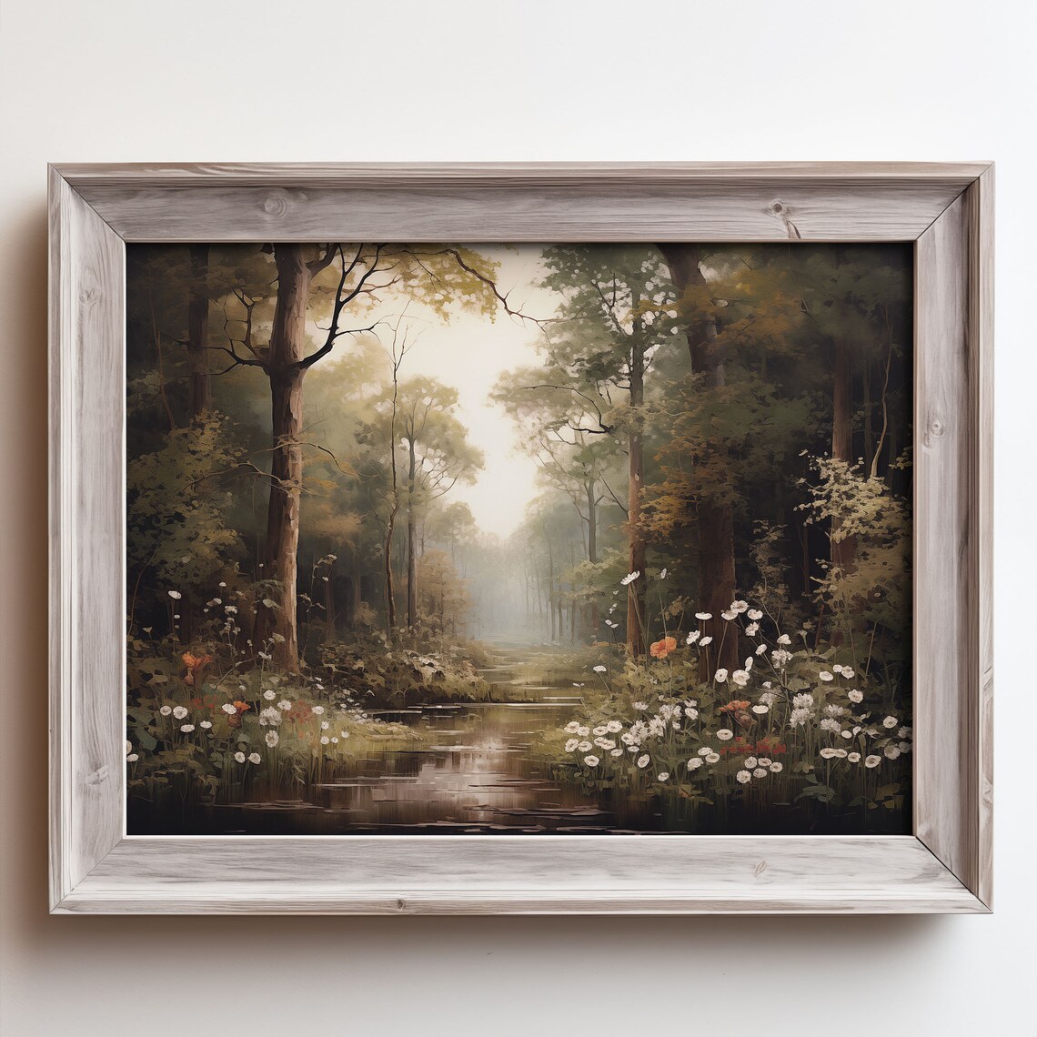 Misty Dark Forest Pond White Wildflowers Moody Oil Painting Poster