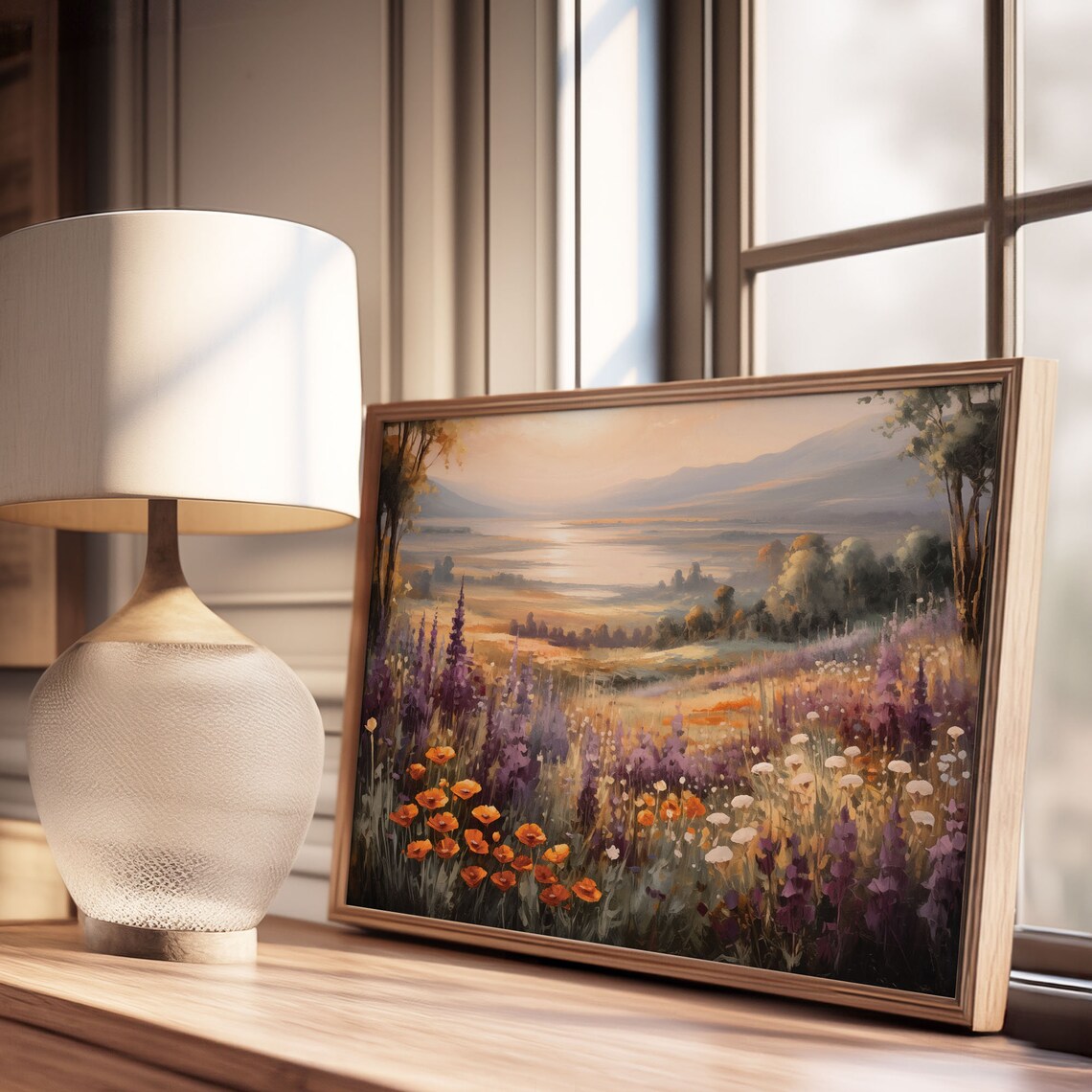Sunset Wildflower Meadow River Valley Poppy Lupine Oil Painting Poster - Image 3