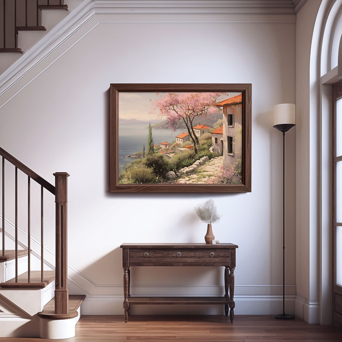 Spring Blossom Coastal Village Hillside Oil Painting Style Poster - Image 2