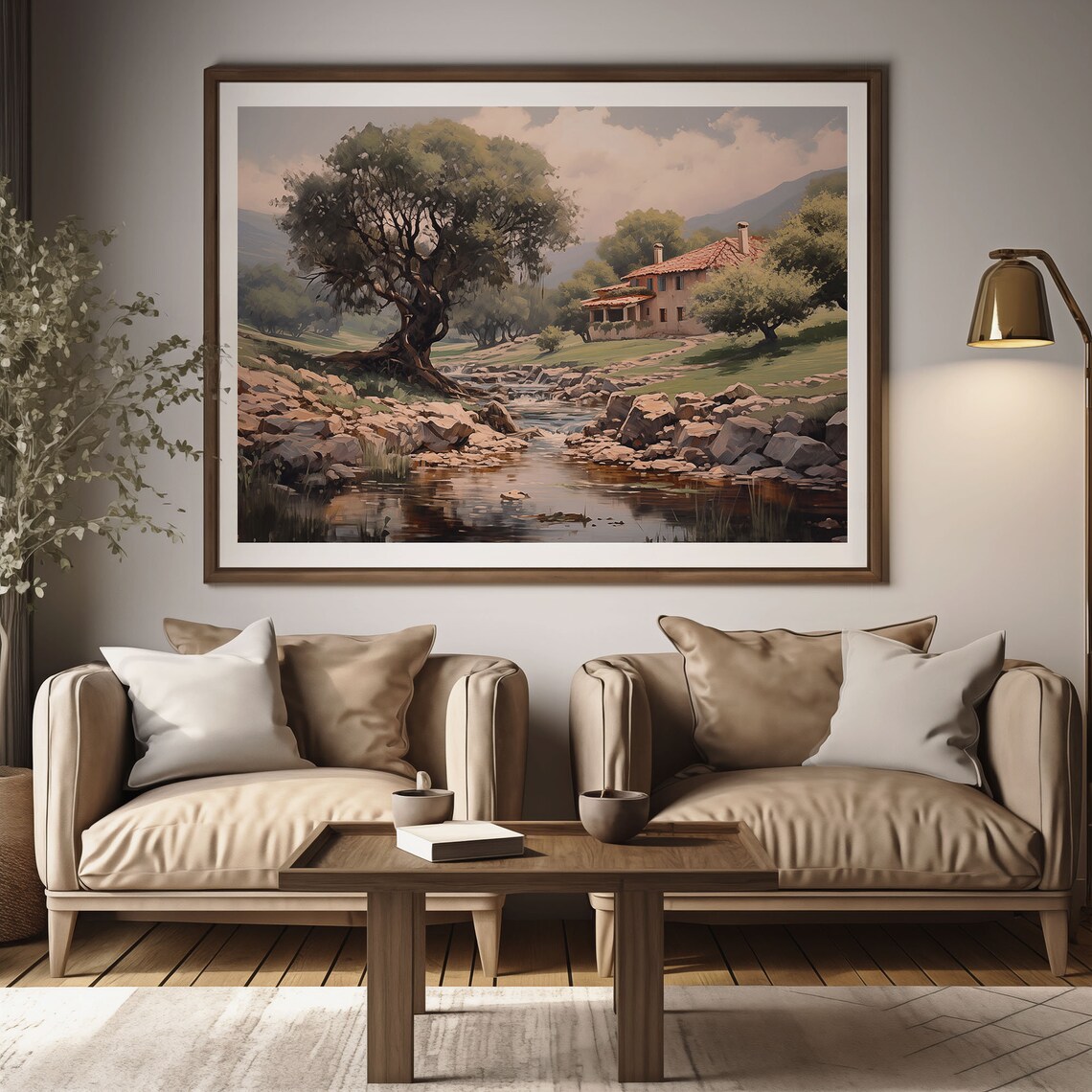 Riverside Farmhouse with Olive Tree and Rocky Creek Oil Painting Poster - Image 2