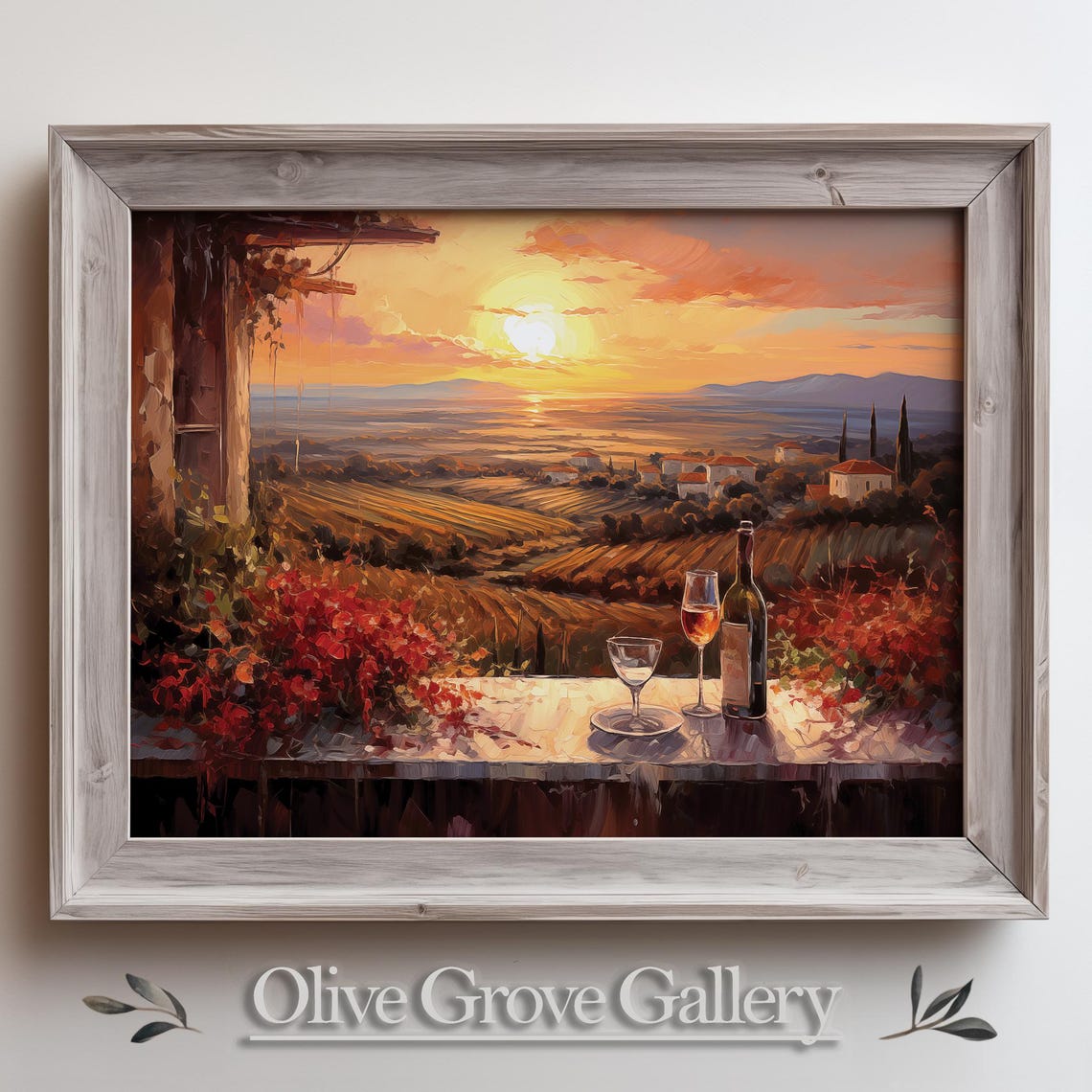 Wine Bottle And Glasses On Terrace Overlooking Vineyard Sunset Poster
