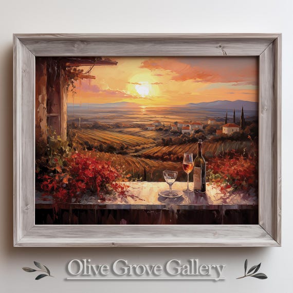 Sunset Over Mediterranean Vineyards Wine And Scenic Countryside Warm Nature Inspired Wall Art Rustic Decor Instant Painting