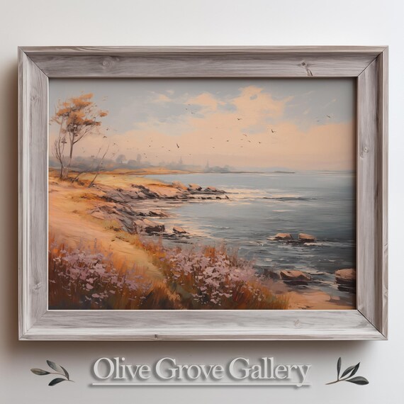 Serene Coastal Sunrise Landscape Pastel Seaside Painting Ocean Poster