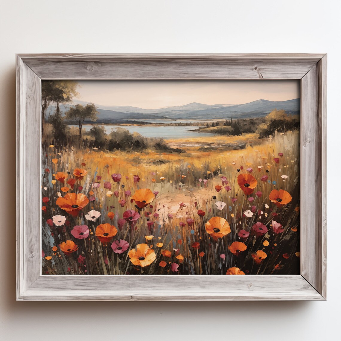 Wild Poppy Meadow By A Blue Lake Golden Mountain Landscape Wall Art