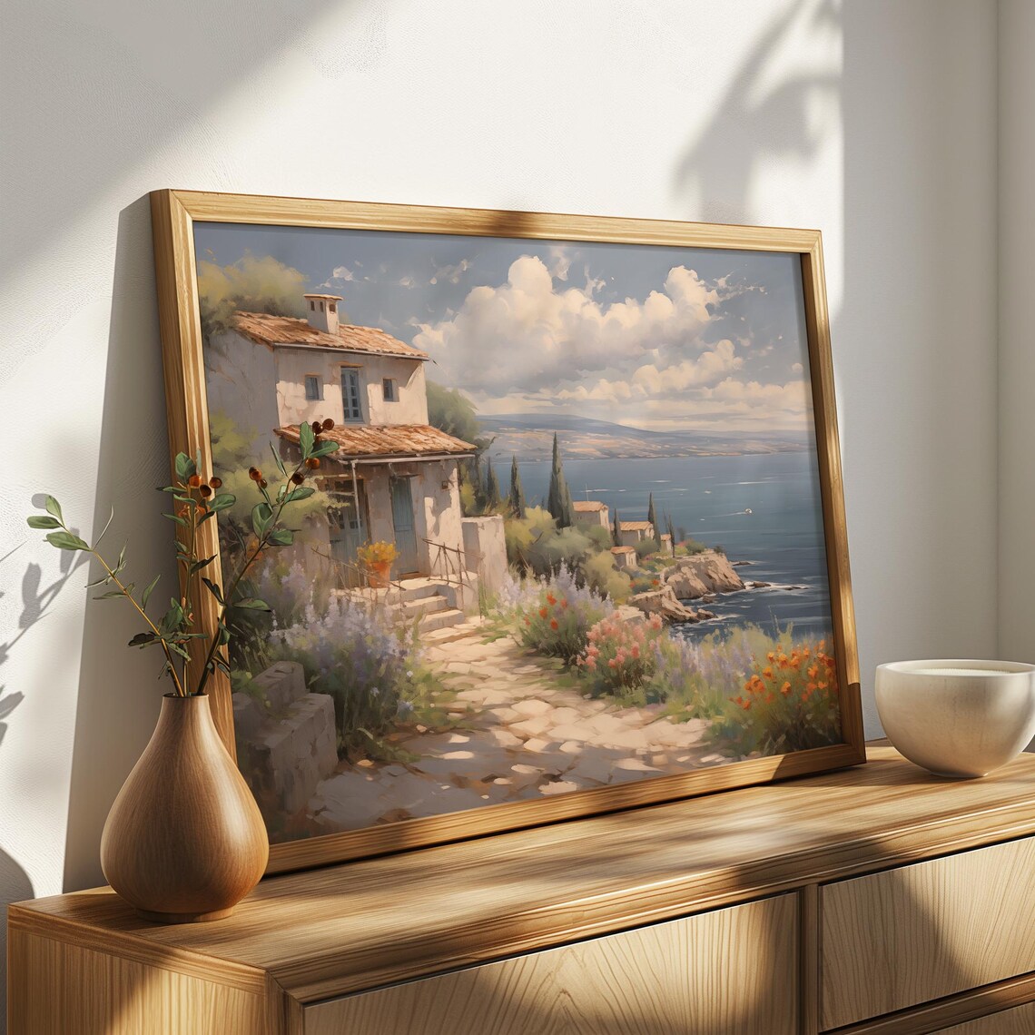 Stone Coastal Cottage Lavender Wildflowers Seaside Oil Painting Poster - Image 4