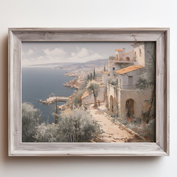 Hilltop Coastal Town Panorama Whitewashed Houses Palm Sea Poster