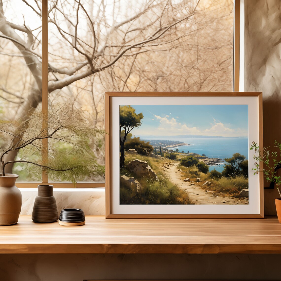 Hillside Path to the Sea Painting Olive Trees Blue Ocean View Poster - Image 4