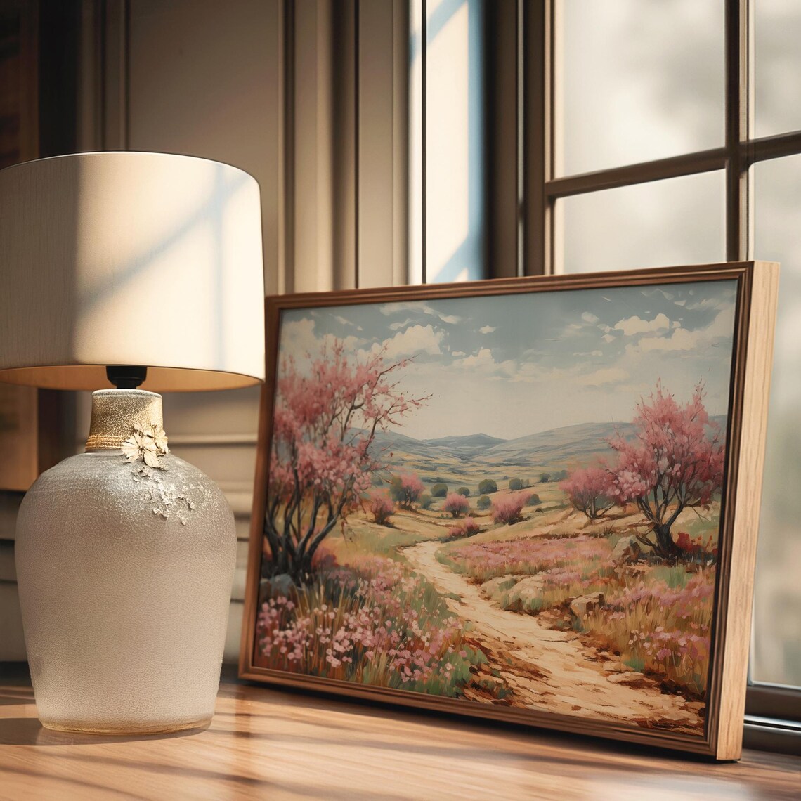 Blossoming Almond Tree Hillside Spring Landscape Pink Flower Poster - Image 2