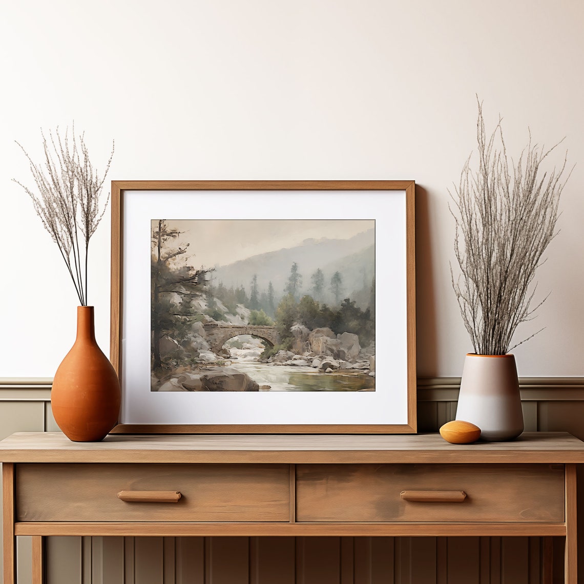Misty Mountain River with Old Stone Bridge Oil Painting Poster - Image 2