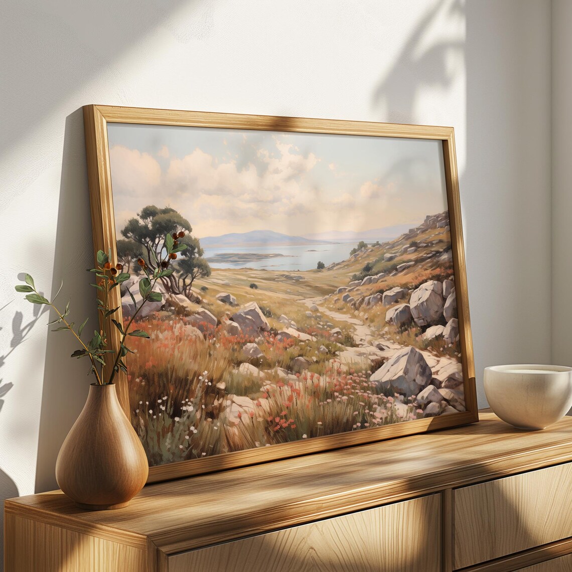 Rocky Hillside Wildflower Path Painting Bay Islands Ocean View Poster - Image 4