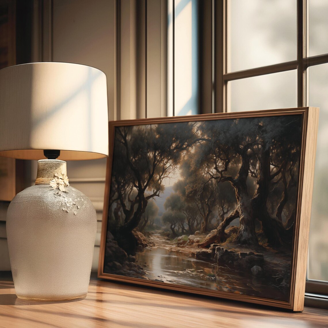 Moody Dark Forest Stream Ancient Twisted Oaks Light Oil Painting Poster - Image 4