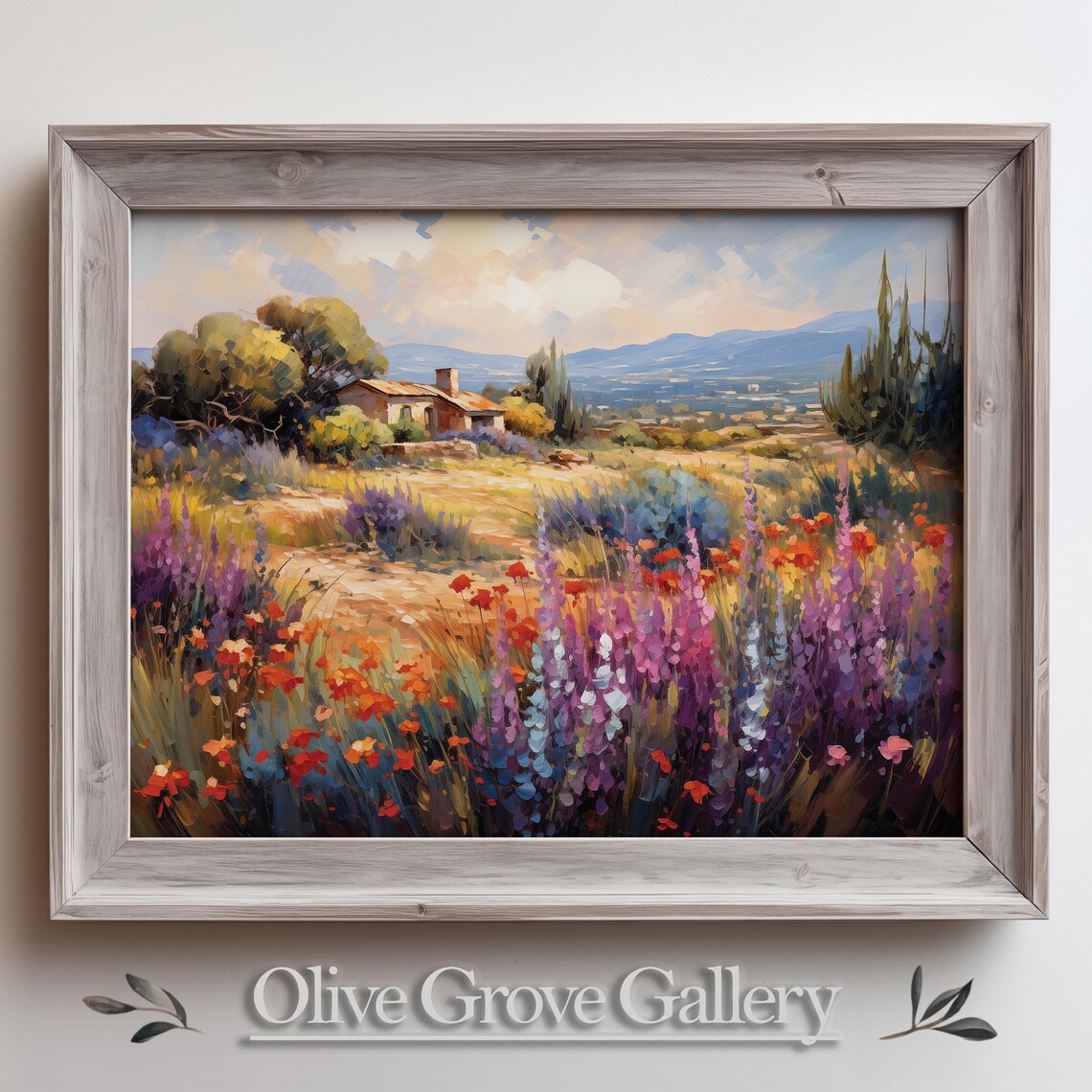 Wildflower Meadow Rustic House Mountain Vintage Oil Painting Poster