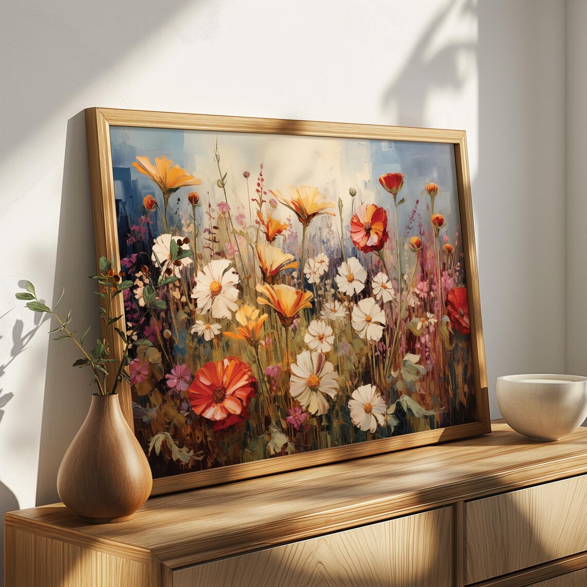 Wildflower Field White Daisies Yellow Blossoms Sky Oil Painting Poster - Image 4