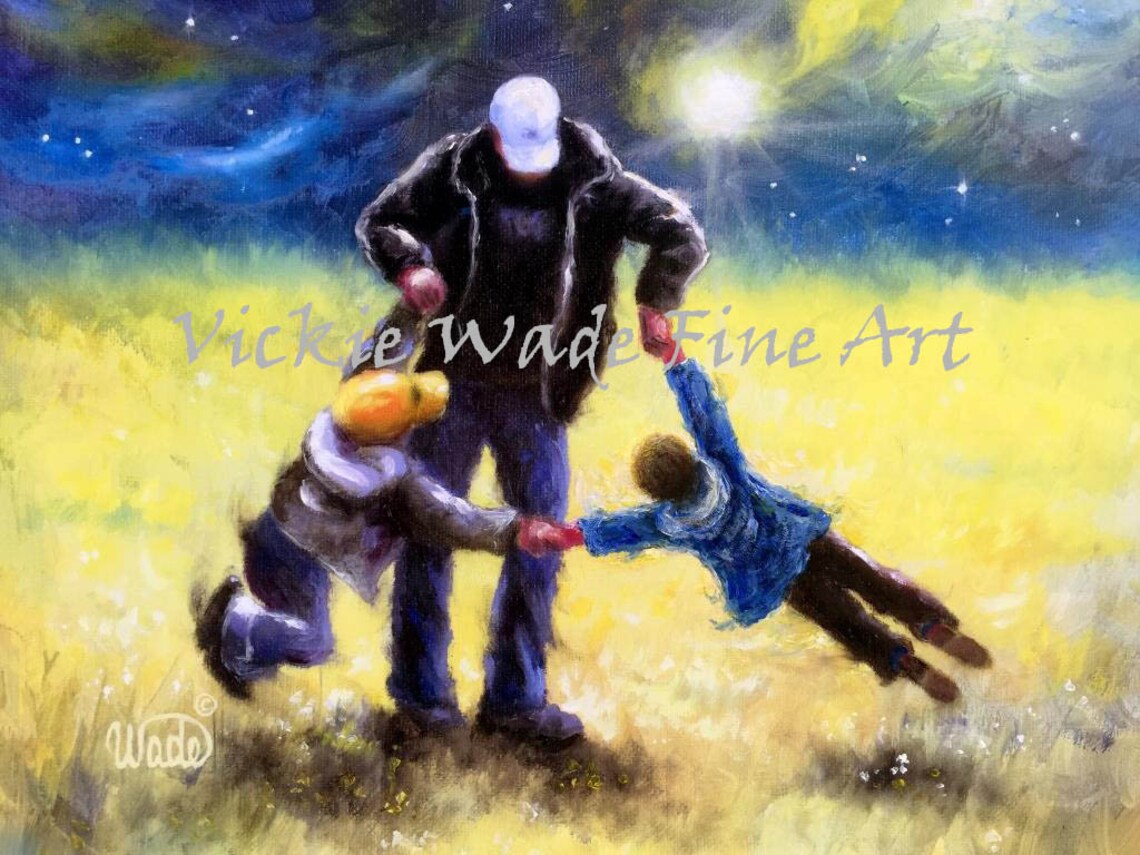 Father Twirling His Two Sons in a Golden Field at Dusk Poster
