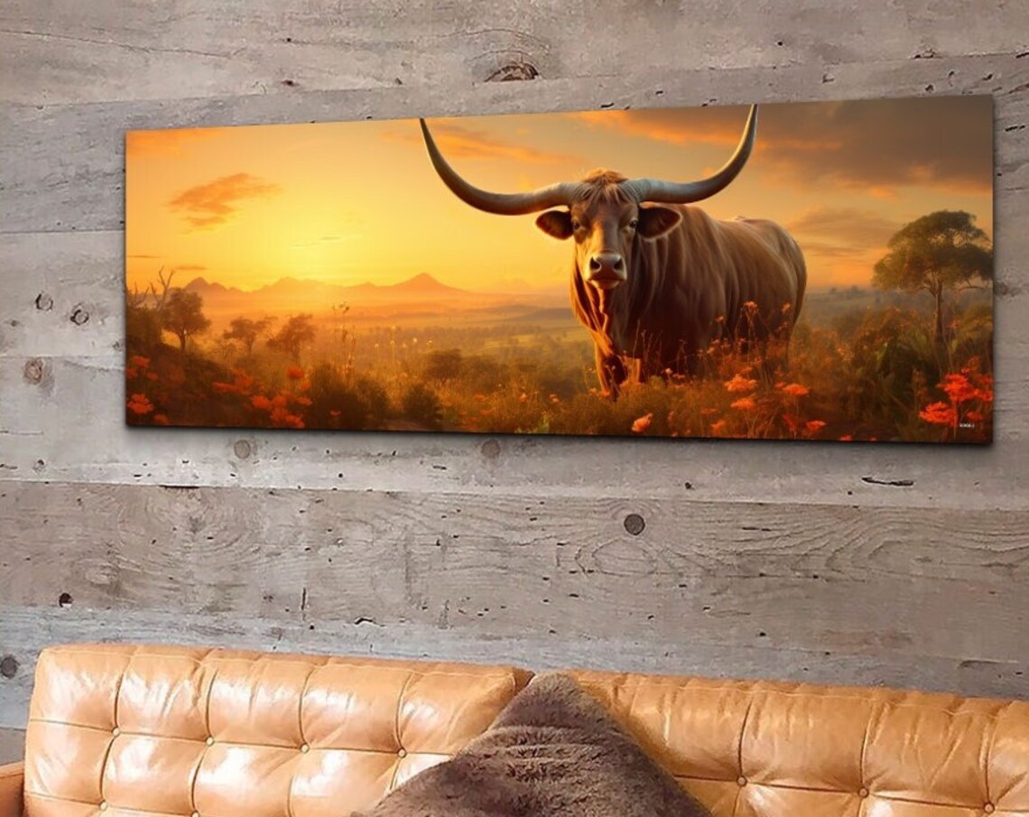 Longhorn Steer Panoramic Art Print, Southwestern Style