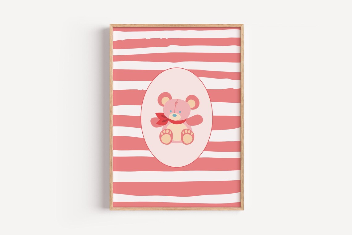 Cute Pink Striped Teddy Bear Nursery Room Decor Poster Baby Gift