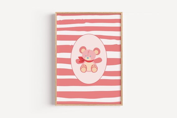 Cute Pink Striped Teddy Bear Nursery Room Decor Poster Baby Gift