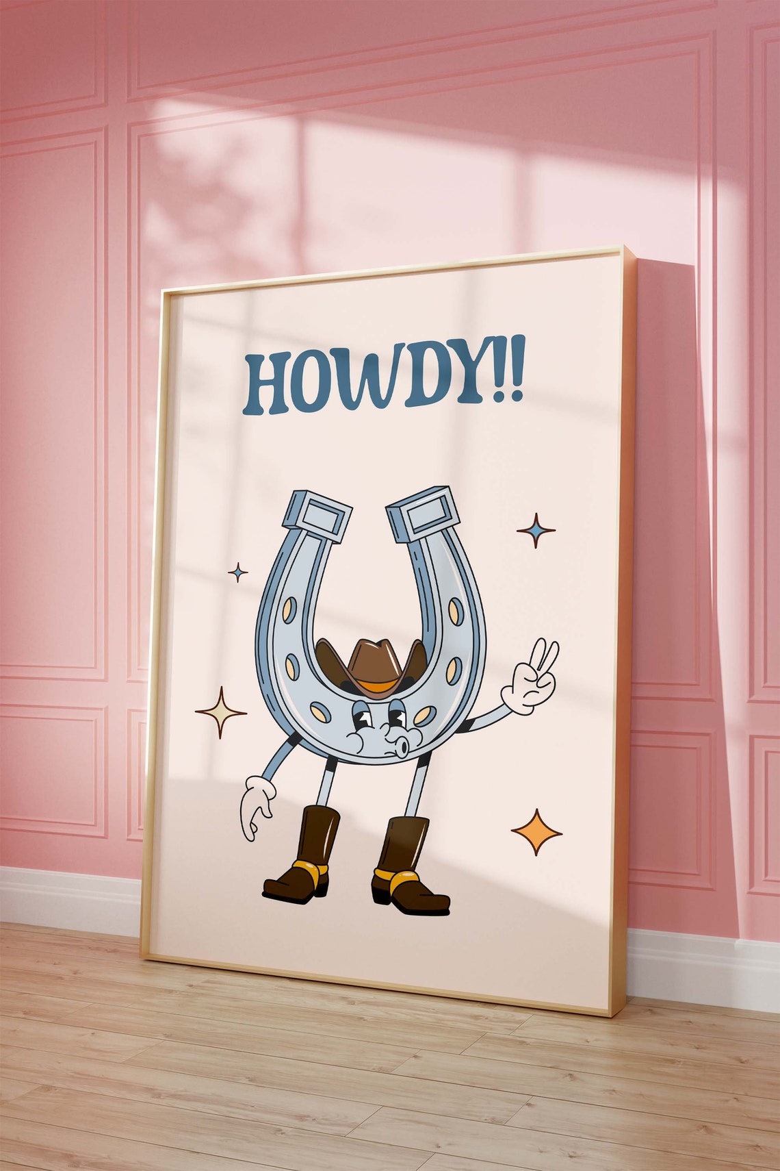 Howdy Cowboy Horseshoe Mascot Poster with Boots and Sparkles
