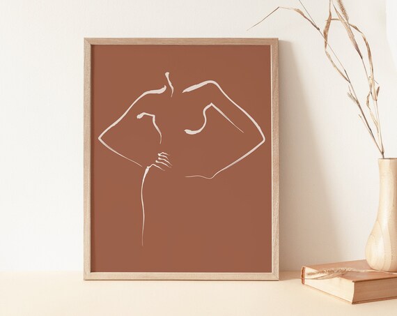 Womans Body Fine Line Print Burnt Orange Abstract Art Line Drawing Scandinavian Art Poster Minimalist Wall Art Boho Prints