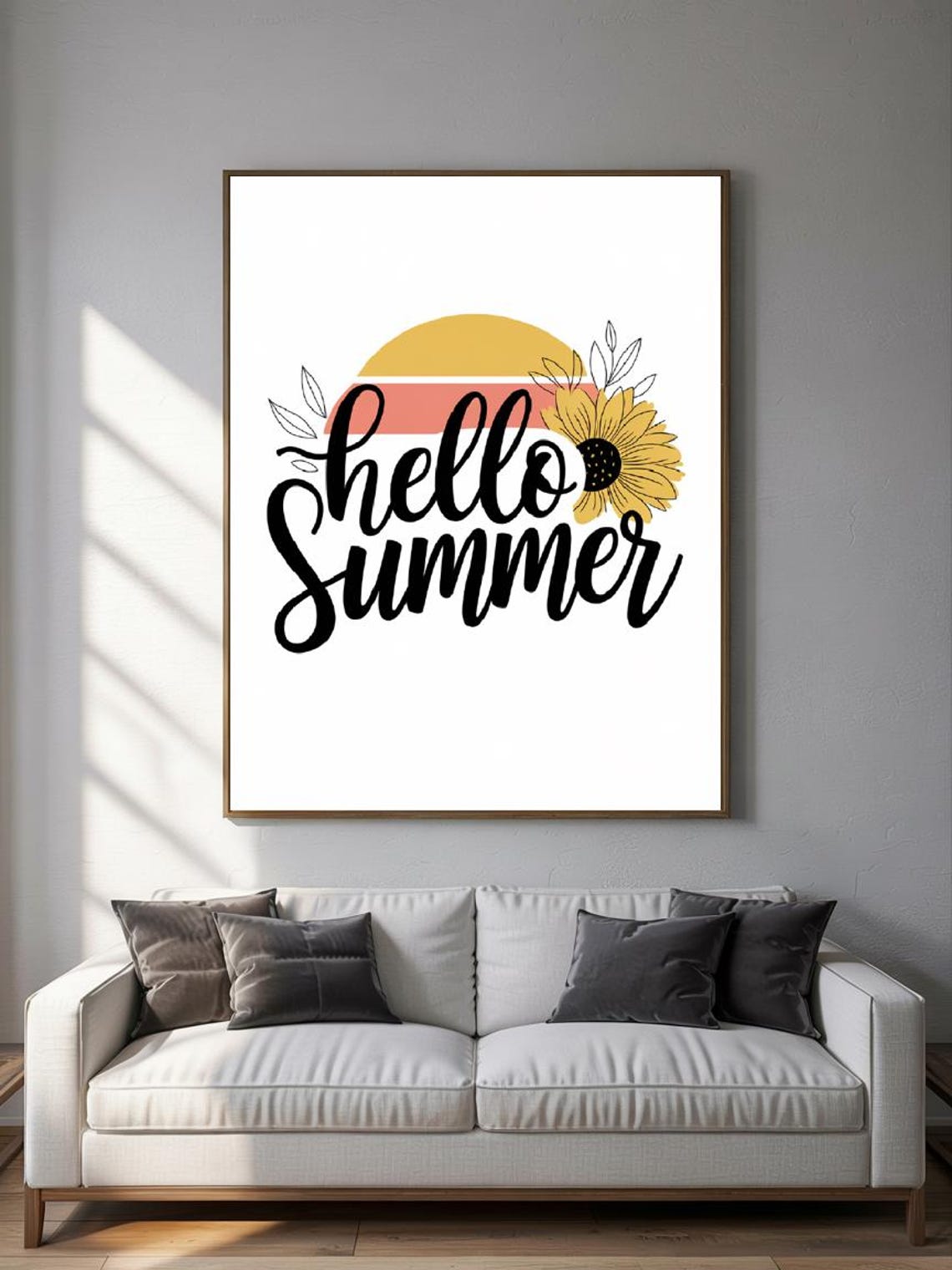 Hello Summer Sunset Circle Sunflower Script Typography White Poster - Image 2