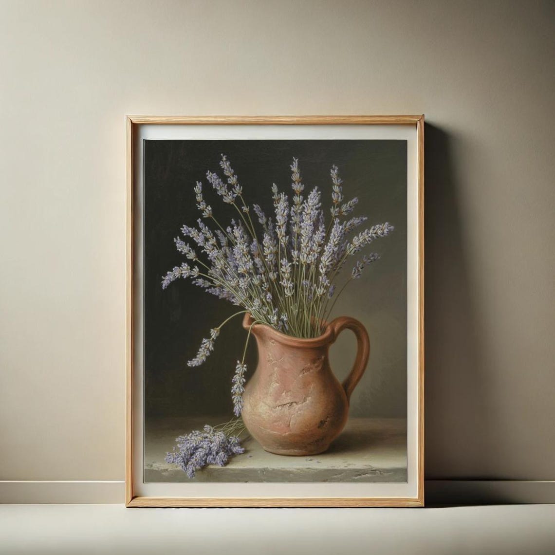 Rustic Lavender Sprigs In Terracotta Pitcher Dark Still Life Print