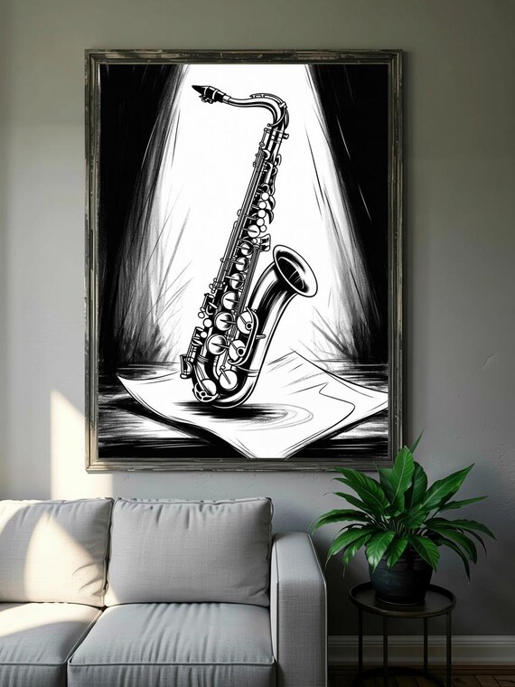 Black and White Saxophone Under Stage Spotlight Music Poster