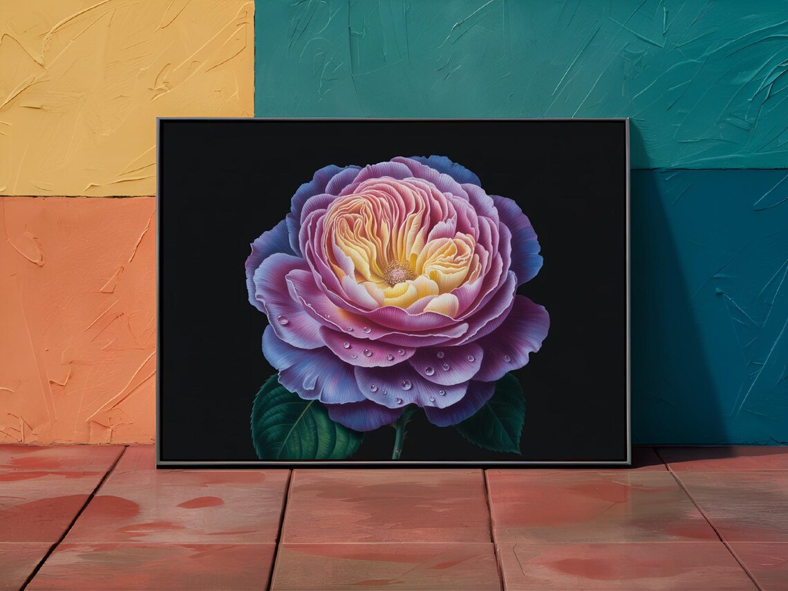 Juliet Rose With Yellow Center And Dew Drops Purple Floral Poster