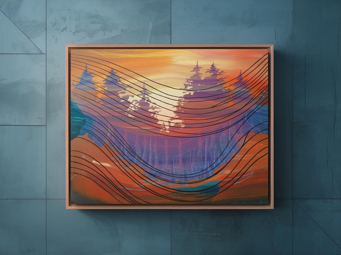 Tonal Silhouette Sunset With Pine Trees Abstract Line Art Poster