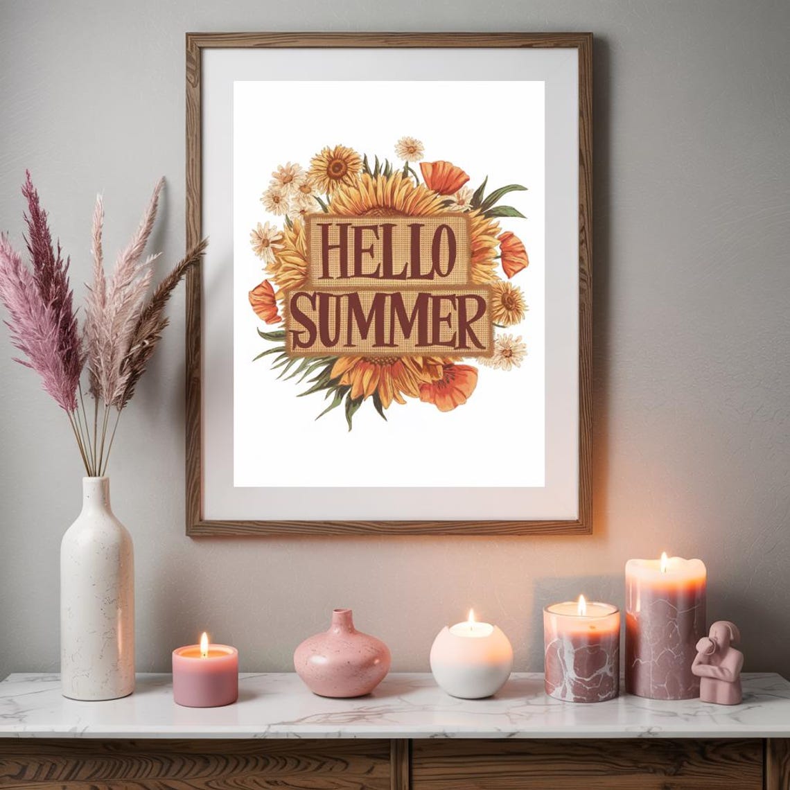 Hello Summer Burlap Label Sunflower Daisy Farmhouse Rustic Poster - Image 2