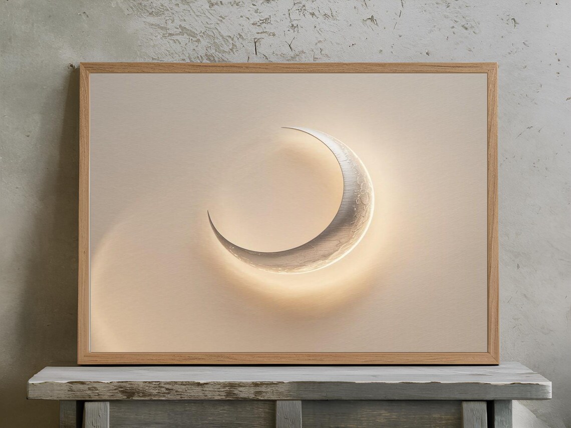 Glowing Crescent Moon on Warm Cream Minimalist Celestial Night Sky Poster - Image 2