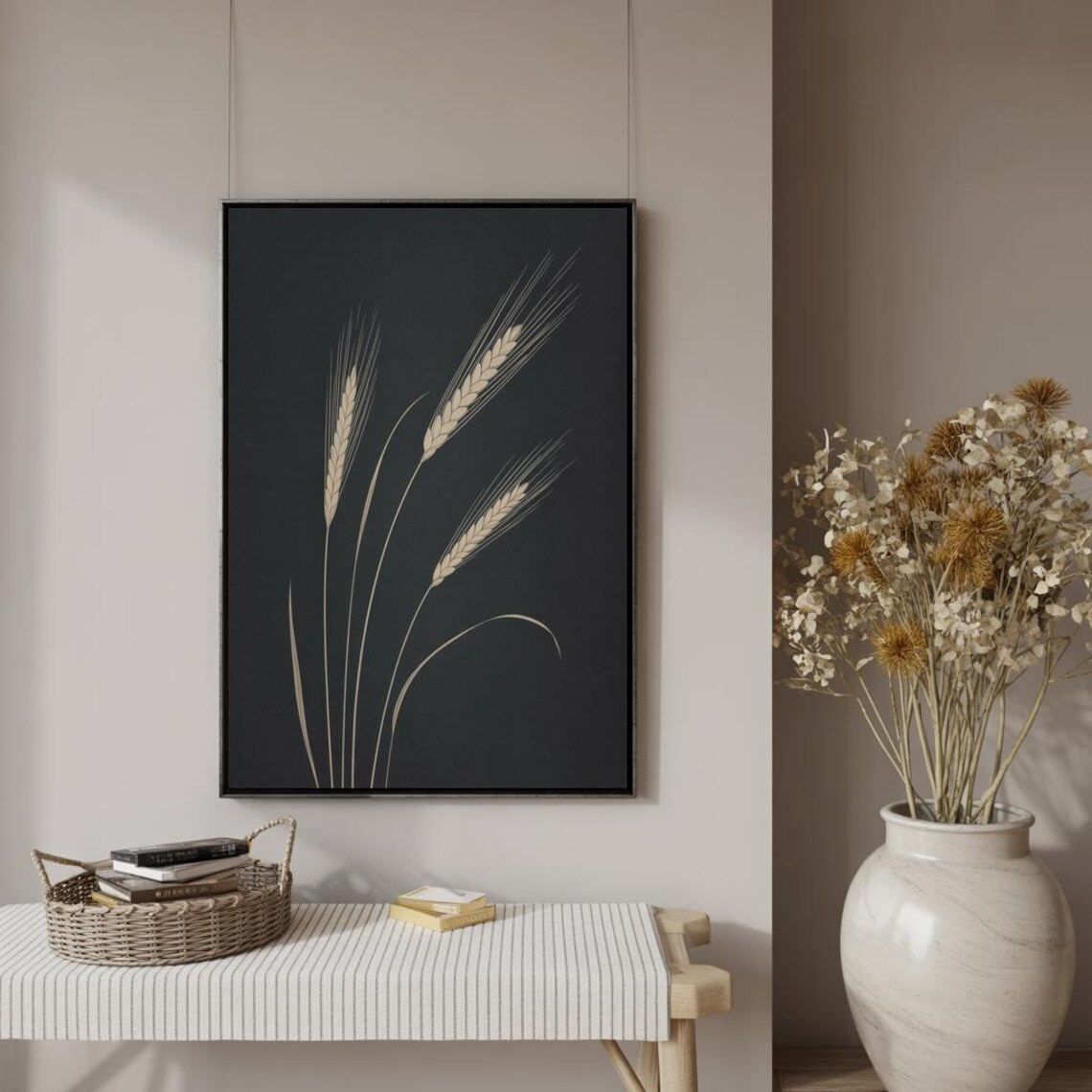 Golden Wheat Stalks Black Background Elegant Botanical Art Poster