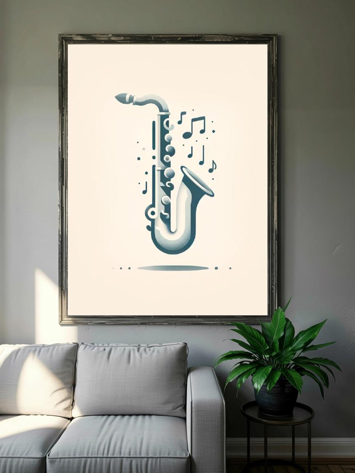 Retro Saxophone Blue Musical Notes Vintage Style Jazz Music Decor Print - Image 3