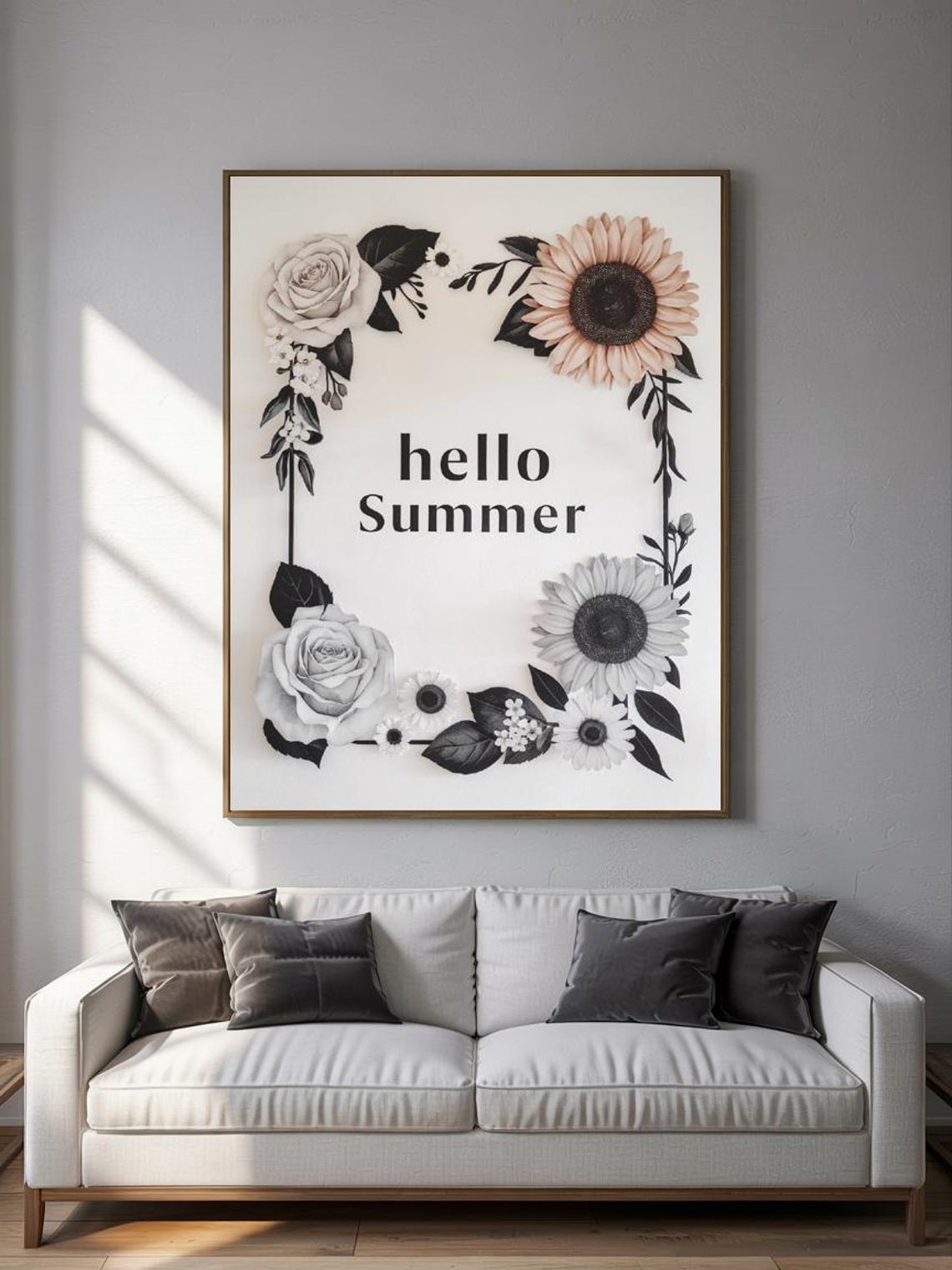 Hello Summer Monochrome Floral Border Rose Sunflower Elegant Poster - Image 2
