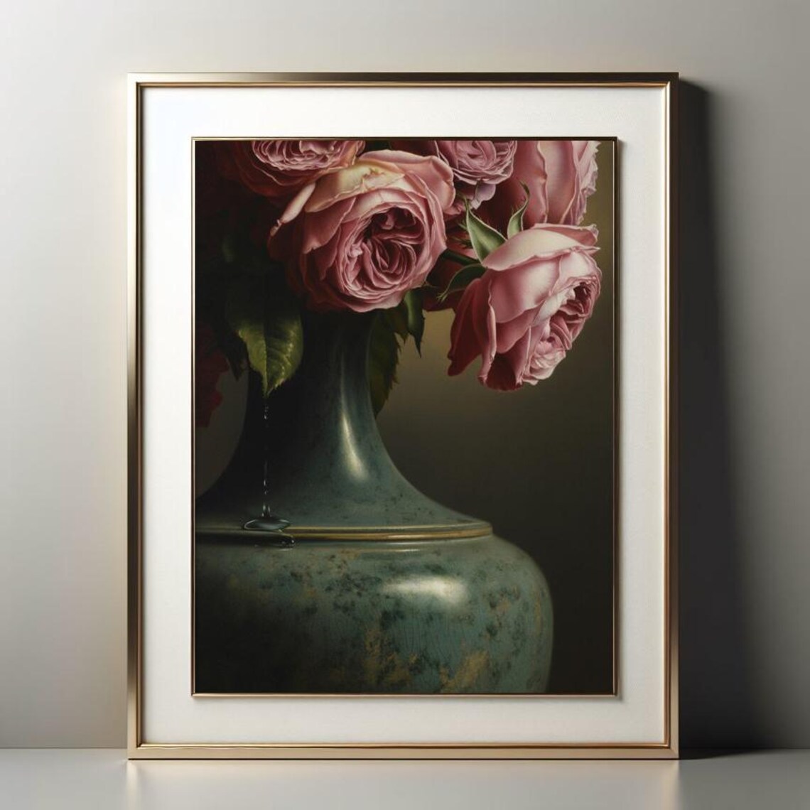 Moody Pink Roses In Dark Antique Vase Romantic Floral Poster