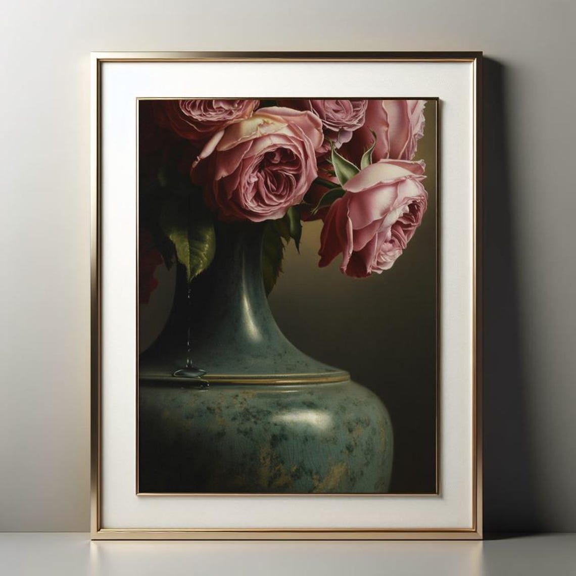 Velvety Roses In Antique Vase Moody Floral Still Life Print