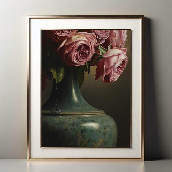 Velvety Roses In Antique Vase Moody Floral Still Life Print