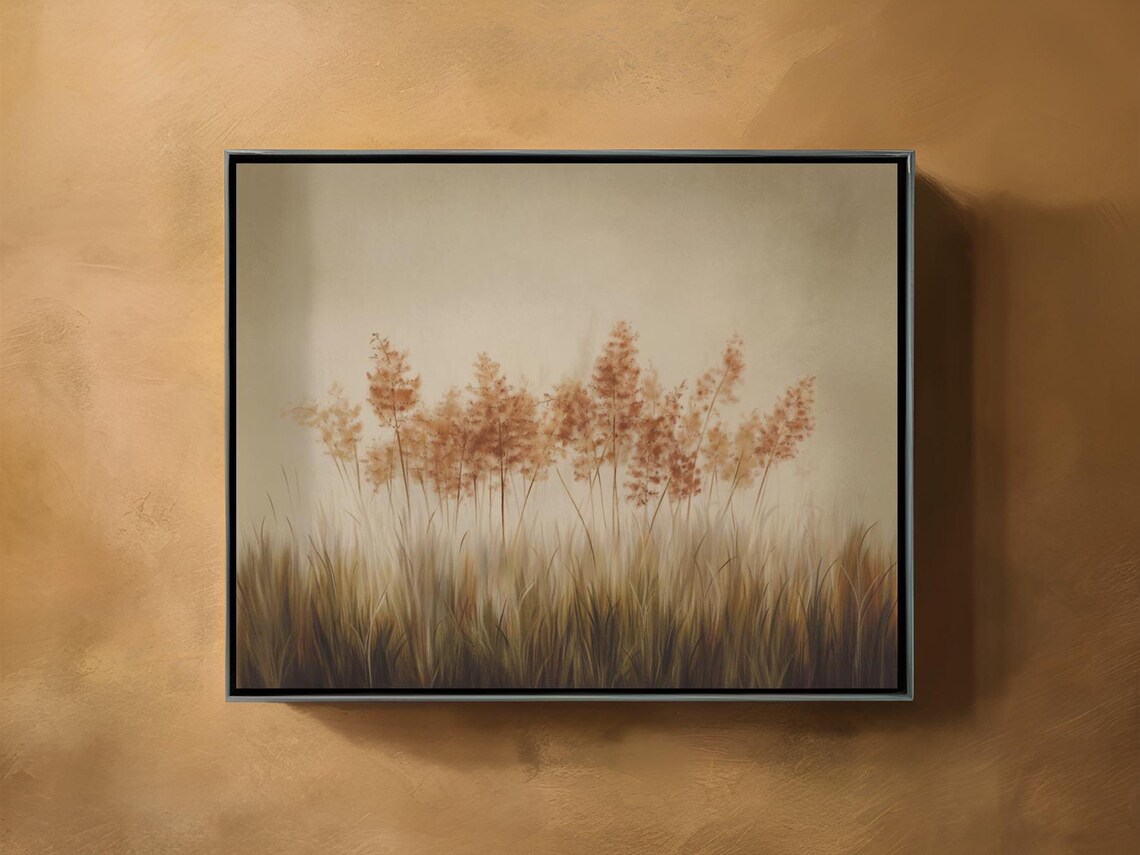 Golden Swaying Tall Grass Plumes on Beige Minimalist Wall Art - Image 2