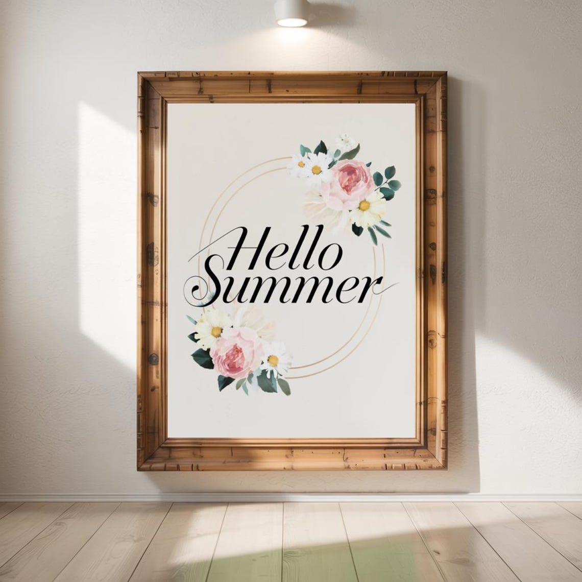 Hello Summer Black Script Gold Wreath Peony Daisy Elegant Floral Print
