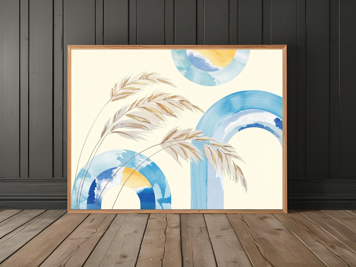 Blue Gold Rainbow Arches Wheat Stalks Watercolor Minimal Poster - Image 2