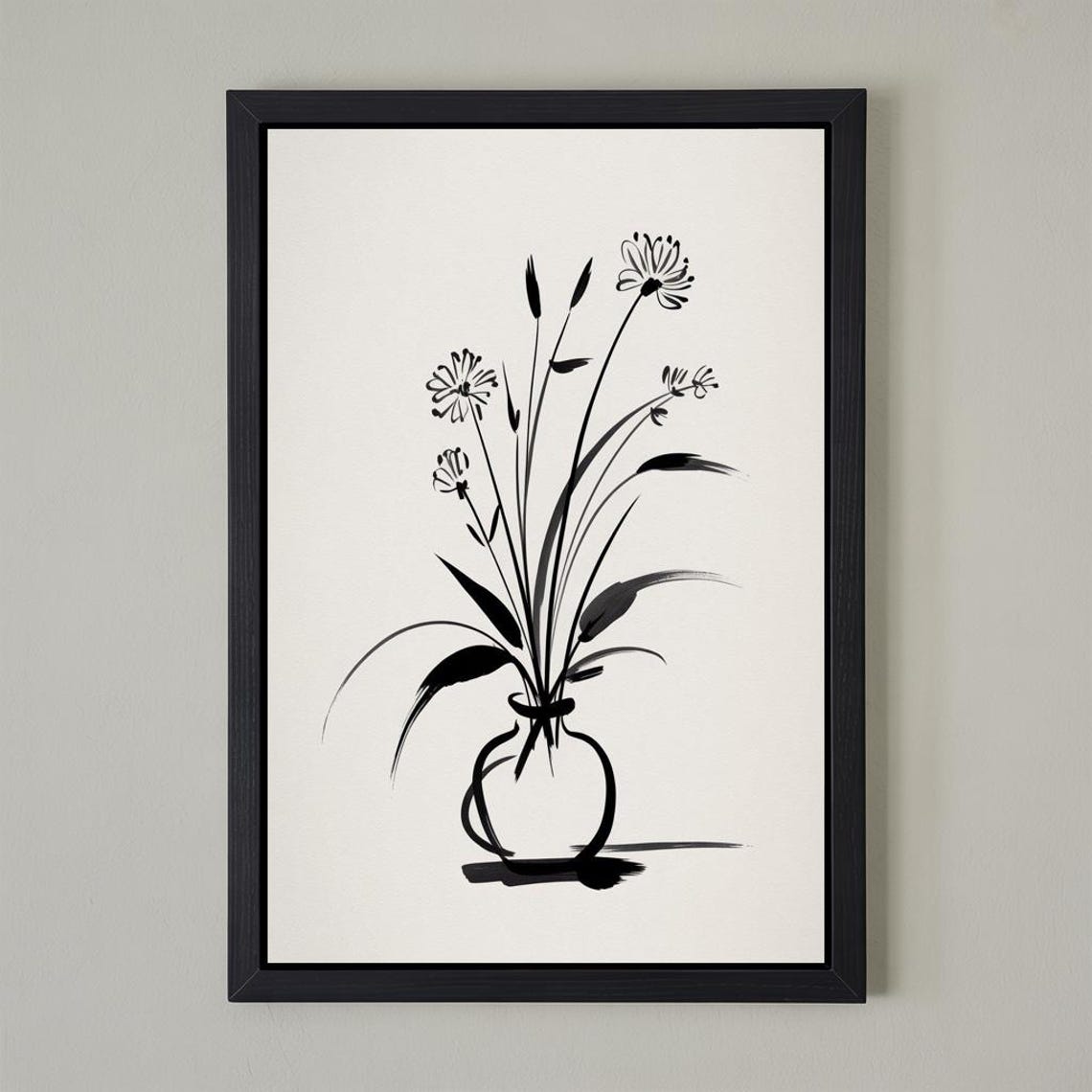 Black Ink Daisy Sketch Minimalist Wildflower Vase Art Poster